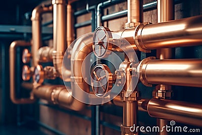 Boiler room equipment - copper pipeline of a heating system. Plumbing service for modern heating system. Generative AI Stock Photo