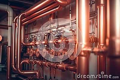 Plumbing service for modern heating system. Boiler room equipment - copper pipeline of a heating system. Generative AI Stock Photo