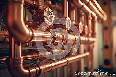 Plumbing service for modern heating system. Boiler room equipment - copper pipeline of a heating system. Generative AI Stock Photo