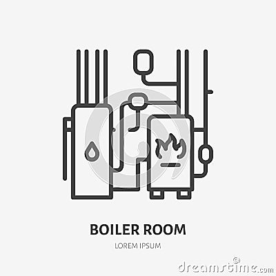 Boiler room flat line icon. Vector outline illustration of water heating. Black color thin linear sign for home interior Vector Illustration