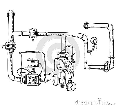 Boiler room. Pipes. Vector sketch. Vector Illustration