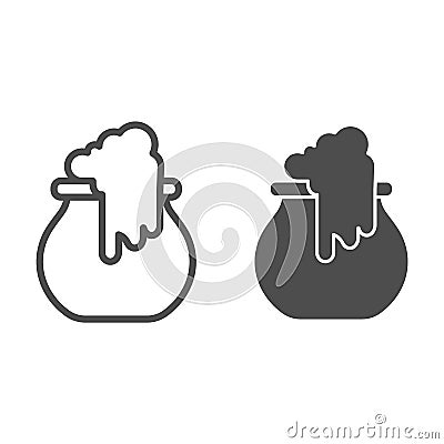 Boiling cauldron line and solid icon. Reeky witch pot, boiled cattle. Halloween party vector design concept, outline Vector Illustration