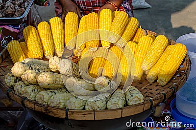 Boiling sweet corn on the cob in wooden tray Stock Photo