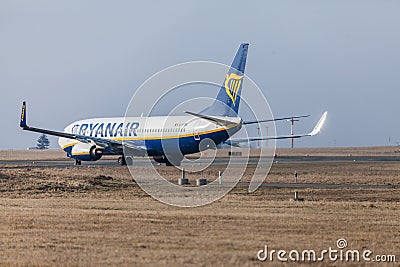 Boing 737 - 800 from Ryanair drives to runway at airport Nuernberg Editorial Stock Photo