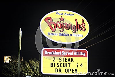 Bojangles Restaurant Street sign at night Editorial Stock Photo