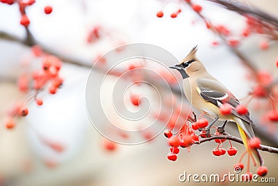bokeh background with waxwing eating bright berry Stock Photo