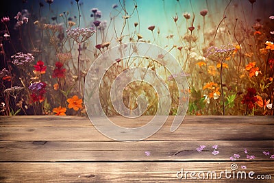 bokeh board copy wooden flowers leaf rustic background table wood design. Generative AI. Stock Photo