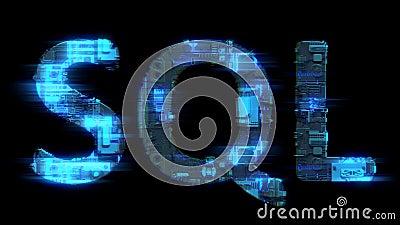 bokeh glitch electrical light cybernetic blue text SQL, isolated - object 3D rendering Stock Photo