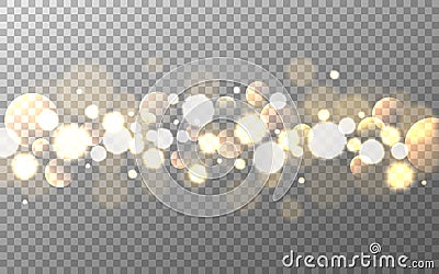 Bokeh gold on transparent background. Soft gradient circles and bubbles. Glowing smooth elements. Realistic blurred Vector Illustration
