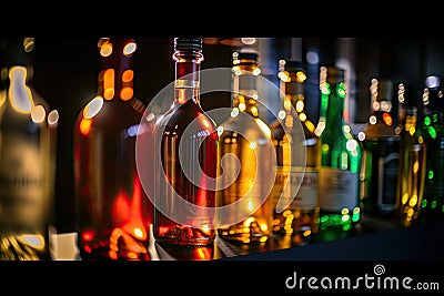 Bokeh from a row of bottles of alcoholic beverages in backlight. Generative AI Stock Photo