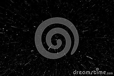 Bokeh white lines on black background, abstraction, abstract speed light motion blur texture, particle or space traveling, black Stock Photo