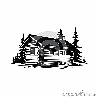 Bold Black And White Cabin Silhouette Tattoo-inspired Graphic Illustration Cartoon Illustration