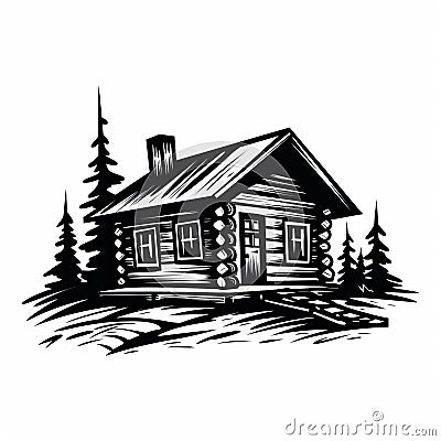 Bold Black And White Silhouette Of Log Cabin: Classic Tattoo Motif Cartoon Illustration