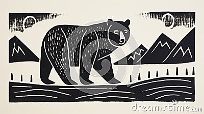 Bold Block Print Of A Walking Bear In Black Ink Stock Photo