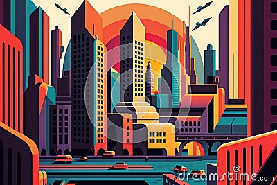 Bold and Bright Retro City Skyline Illustration with Exaggerated Proportions. Generative AI Stock Photo