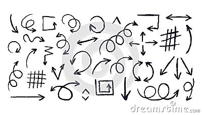 Bold chalk arrows. Doodle arrow collection, child rough pencil scribble pointers direction signs, sketchy lines and marks, simple Vector Illustration