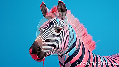 Bold Chromaticity: Zebra With Pink And Blue Stripes On Blue Background Stock Photo