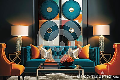 Bold color combinations rich textures and vibrant mirrored accents come together to create a glamorous living space Stock Photo