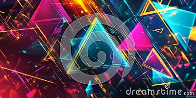 A bold, colorful abstract background with overlapping, neon-glowing triangles. The geometric Stock Photo