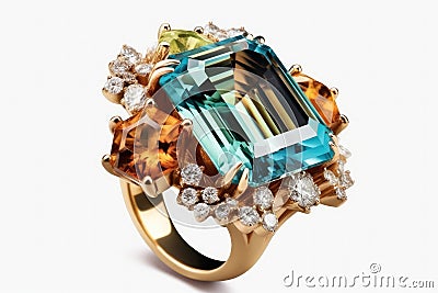 A Bold Colorful Cocktail Ring Large Emeraldcut Gemstone White Background. Generative AI Stock Photo