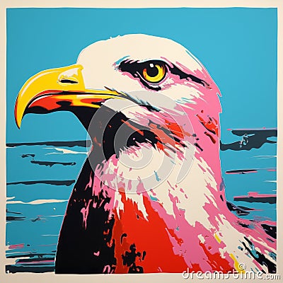 Bold And Colorful Silkscreen Print Of An American Seagull Stock Photo