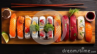 Bold And Colorful Sushi Rolls On Wooden Board Stock Photo