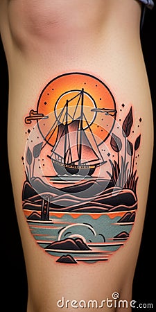 Bold And Colorful Thigh Tattoo With Boat And Sun Cartoon Illustration
