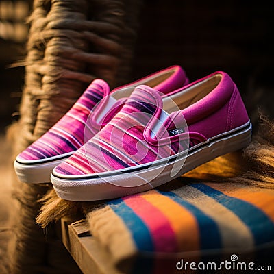 Bold And Colorful Vans Slip On Pink With Linen Stripes Stock Photo