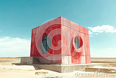 A bold, geometric cube structure stands out against the sky in the desert. Unusual window shapes add to its modern design Stock Photo