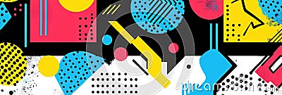 Bold geometric shapes create a dynamic Memphis-style background with vibrant neon colors and playful patterns for a Stock Photo