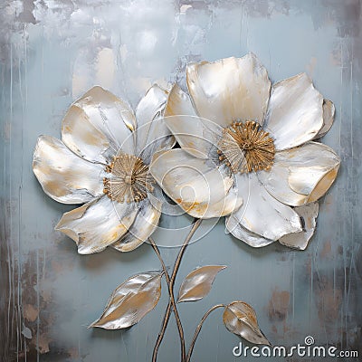 Bold And Graceful: Mirrored Flowers Canvas In Silver And Gold Stock Photo