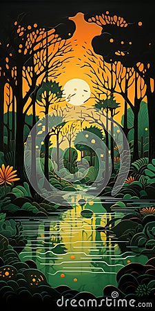 Bold Graphic Illustration Of Animal In Forest: Indonesian Art Inspired Stock Photo