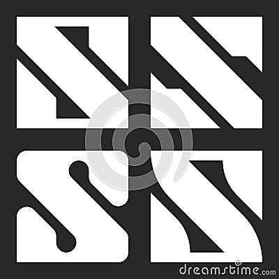 Bold letter S logo monogram typography graphic print set, black and white identity minimalist emblem collection Vector Illustration