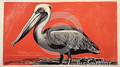 Bold Lithographic Pelican Gutter: Detailed Marine Views In Black-and-white Stock Photo