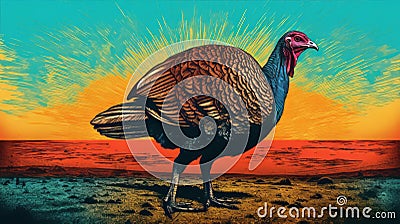 Bold Lithographic Turkey Standing On Grass With Colorful Sky Cartoon Illustration