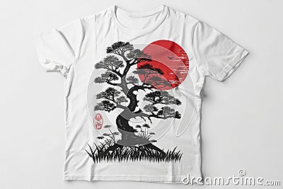 Bold Manga-Style Dark Tree with Red Sun in Traditional Stock Photo