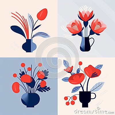 Bold And Minimalist Floral Bouquet Illustrations In Pastel Colors Cartoon Illustration