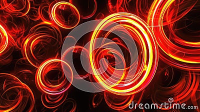 Bold neon circles in shades of red orange and yellow overlapping with jagged edges resembling fiery flames Stock Photo