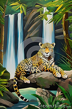 A bold painting art of charming jaguar, realxing sitting under a tree, with waterfall in a beautiful jungle, plants, impressionism Stock Photo