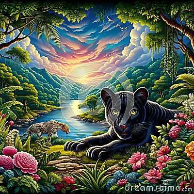 A bold painting of charming panther, with sharp eyes, in a breathtaking jungle, scenic landscape, flower, river, plants Stock Photo