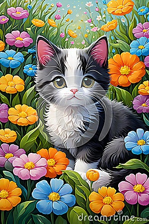 Bold painting of cute cat in flowers garden, floating acrylic art, floral, botanical Stock Photo