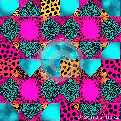 Bold and playful, this image features a patchwork of leopard prints with striking neon pinks and teals, forming diamond Stock Photo