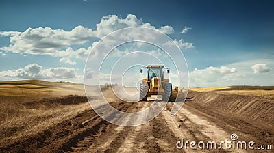 Bold And Precise: Tractor On Dirt Road With Sunny Sky Stock Photo