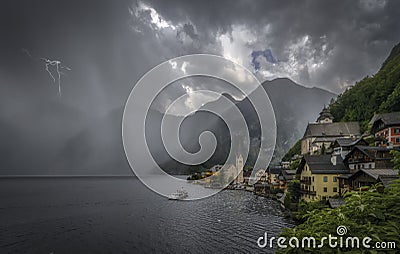 Thunderstorm approaching the picturesque town Hallstatt Stock Photo