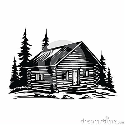 Bold Stencil Illustration Of Isolated Log Cabin In Forest Stock Photo