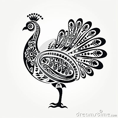 Bold Stencil Peacock Drawing: Charming Character Illustration With Folk-inspired Twist Stock Photo