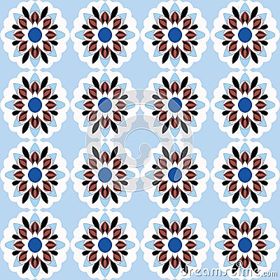 Bold and stylish blue and red floral seamless repeating pattern with symmetrical geometric patterns inspired Vector Illustration