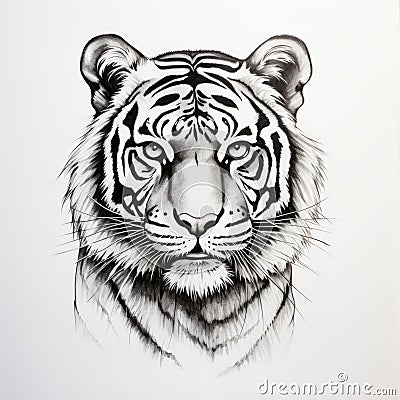 Bold Tiger Head Tattoo On White Background - Contemporary Indian Art Stock Photo