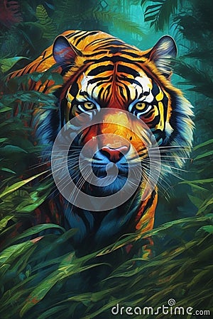 A bold and vibrant painting of a charming tiger in a jungle, animal design, art painting, neon ambience, abstract black oil Stock Photo