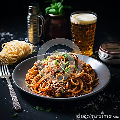 Bold And Vibrant Spaghetti Bolognese With American Ipa Stock Photo